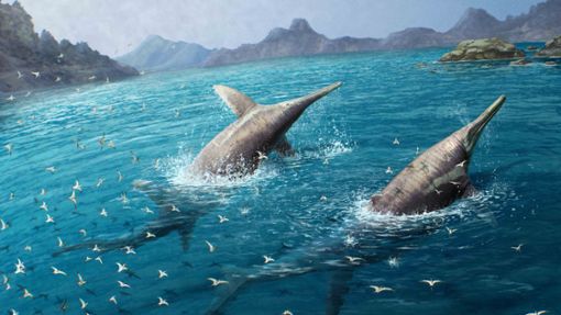 Diese künstlerische Darstellung zeigt ein Paar schwimmender Ichthyotitan severnensis im Ur-Meer. Foto: dpa/Gabriel Ugueto
