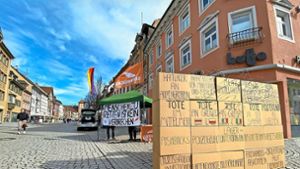 Auf dem Latschariplatz in Villingen bauen die Aktivisten bei ihrer letzten Aktion eine Mauer aus Kartons, die symbolisch für die verschärfte Asylpolitik der EU steht und diese kritisiert. Foto: Seebrücke
